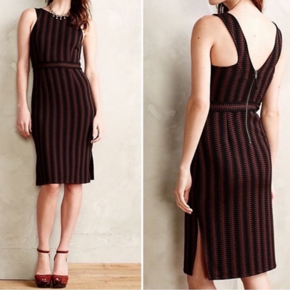 Anthropologie Brown and Black Sheath Midi Dress V-Neck
